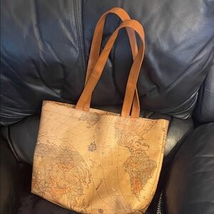 Classic Geography Map Tote, Leather, Fine Condition
